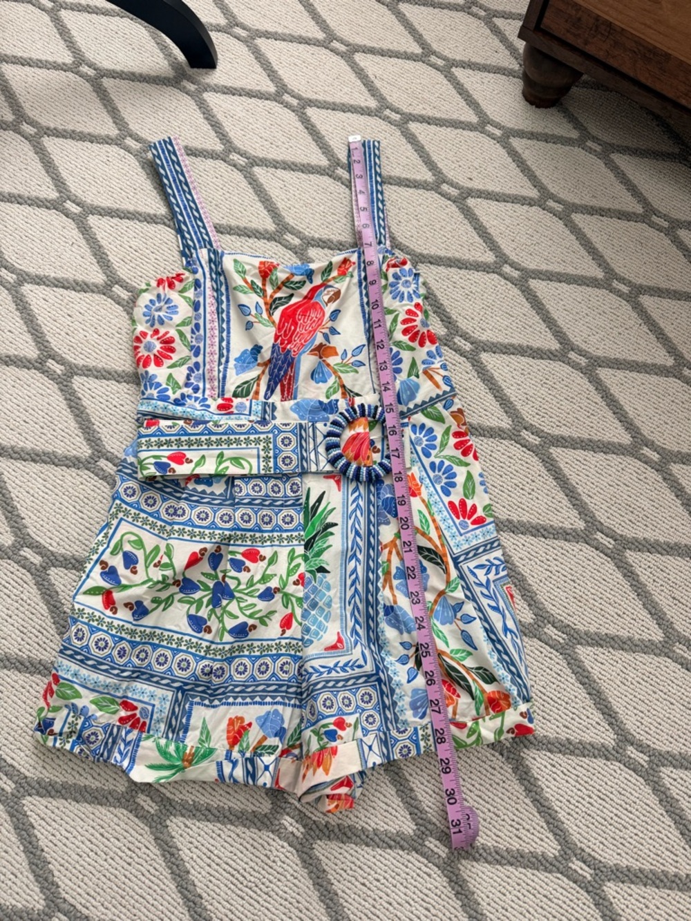 FARM Rio Anthropologie Tropical Parrot Romper with Belt Green & Blue Leaf Print - Picture 6 of 8